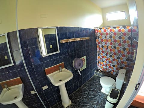 Bathroom with dark blue tiles, a pedestal sink, toilet and a patterned shower curtain.