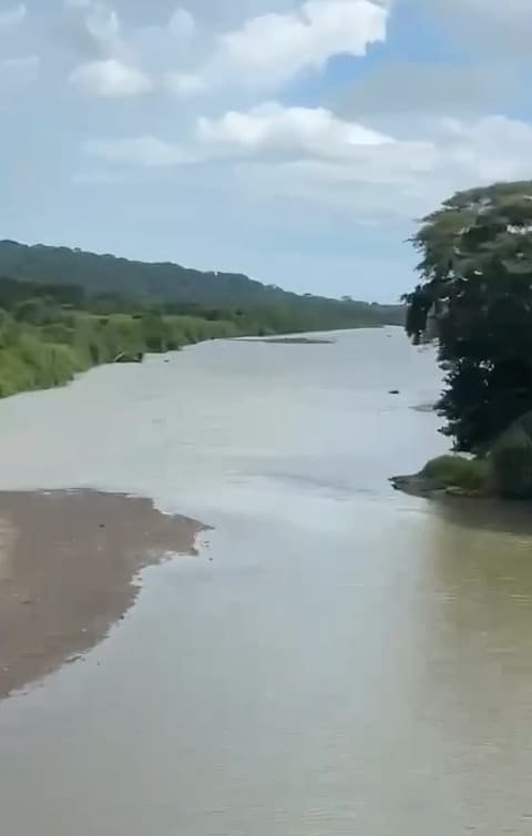 The wide, muddy Tárcoles River between green banks under a cloudy sky.