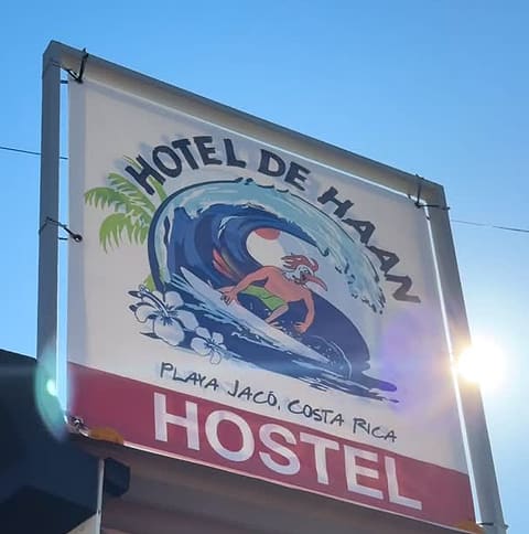 The Hostel de Haan street sign against a blue sky: a hand-painted surfer riding a curling blue wave, palm leaves and hibiscus, with a red HOSTEL banner below.